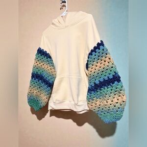 Cream Hoodie with Multicolor Crochet Sleeves